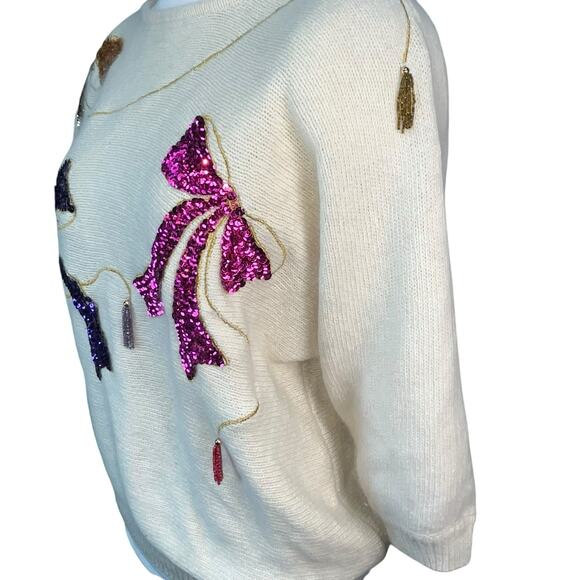 Work In Progress Women’s Vintage‎ Ivory Sequins Beaded Silk Angora Bow Sweater M - Picture 2 of 5